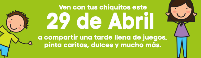 Ven con tus chiquitos este 29 de Abril a compartir una tarde llena de juegos, pinta caritas, dulces y mucho más.