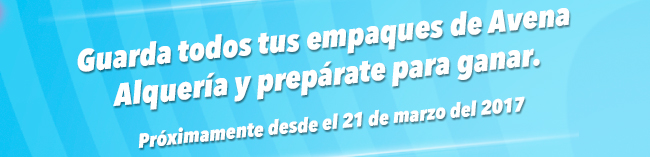 Guarda todos tus empaques de Avena Alquería y prepárate para ganar.
Próximamente desde el 21 de marzo del 2017