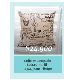 $24.900 - Cojín estampado Letras marfil - 43x43 cms. - beige