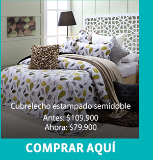 Cubrelecho estampado semidoble
Antes: $109.900
Ahora: $79.900
COMPRAR AQUÍ