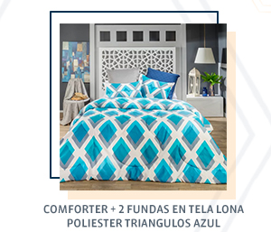 COMFORTER + 2 FUNDAS EN TELA LONA POLIESTER TRIANGULOS AZUL