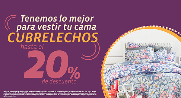 Tenemos lo mejor para vestir tu cama cubrelechos hasta el 20% de descuento