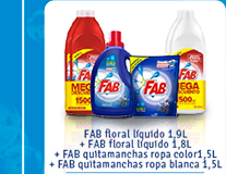 FAB floral líquido 1,9L + FAB floral líquido 1,8L + FAB quitamanchas ropa color 1,5L + FAB quitamanchas ropa blanca 1,5L