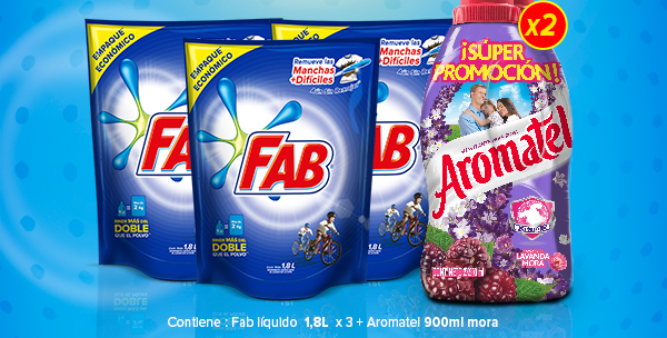 Contiene: Fab líquido 1,8L x 3 + Aromatel 900ml mora