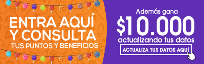 ENCUENTRA AQUÍ Y CONSULTA TUS PUNTOS Y BENEFICIOS - Además gana $10.000 actualizando tus datos ACTUALIZA TUS DATOS AQUÍ