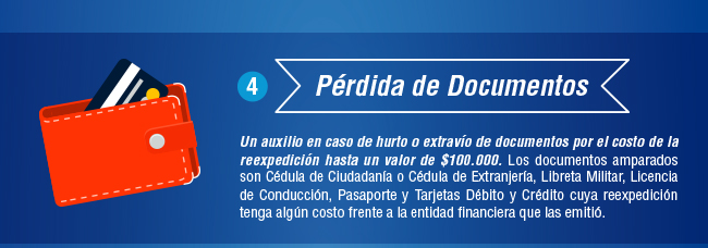 PERDIDA DE DOCUMENTOS Un auxilio en caso de hurto o extravío de documentos por el costo de la reexpedición hasta un valor de $100.000. Los documentos amparados son Cédula de Ciudadanía o Cédula de Extranjería, Libreta Militar, Licencia de Conducción, Pasaporte y Tarjetas Débito y Crédito cuya reexpedición tenga algún costo frente a la entidad financiera que las emitió. 