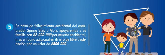 5 En caso de fallecimiento accidental del comprador Spring Step o Alpie, apoyaremos a su familia con $2.000.000 por muerte accidental, más un bono adicional en dinero de libre destinación por un valor de $500.000.